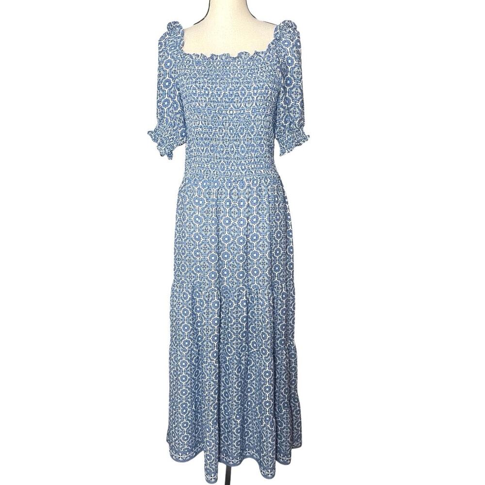 Max Studio Boho Smocked Puff Sleeve Tiered Midi Dress Large Peasant Coastal